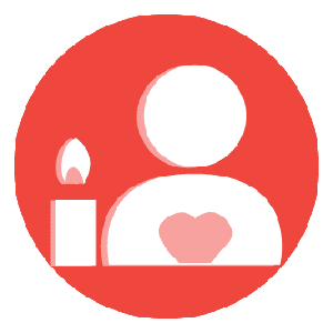 Piirretty ihminen jolla punainen sydän rinnassaan ja vieressä palava kynttilä punaisella taustalla.