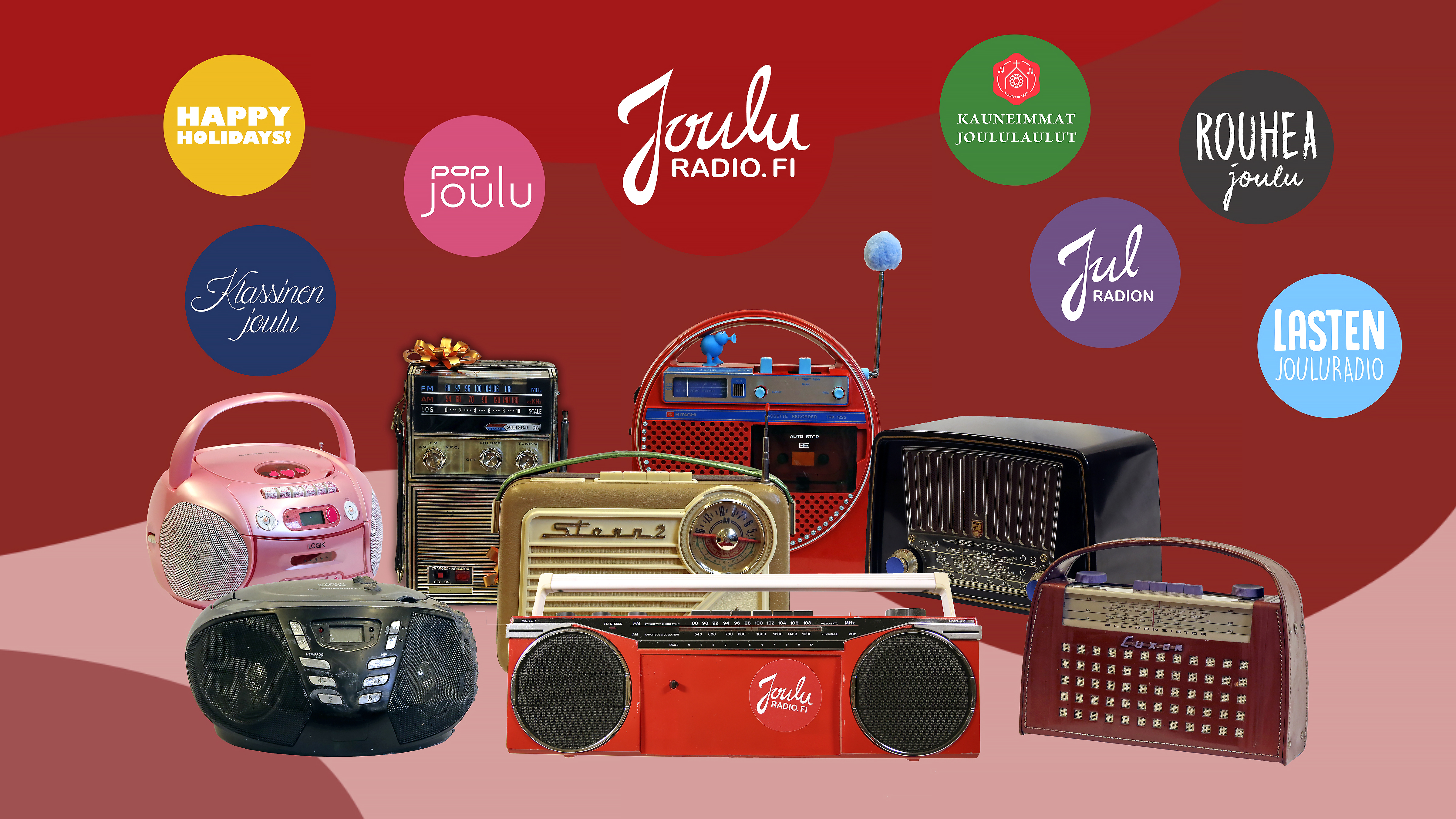 Jouluradion logoja ja vanhoja radioita.