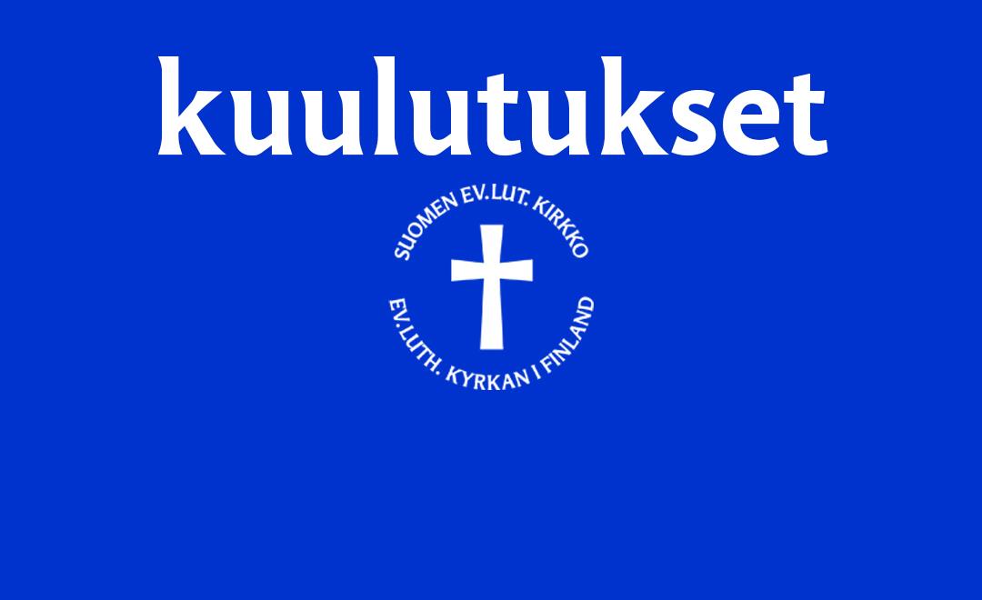 Sininen tausta. Tekati kuulutukset. Evl:n valkoinen logo.